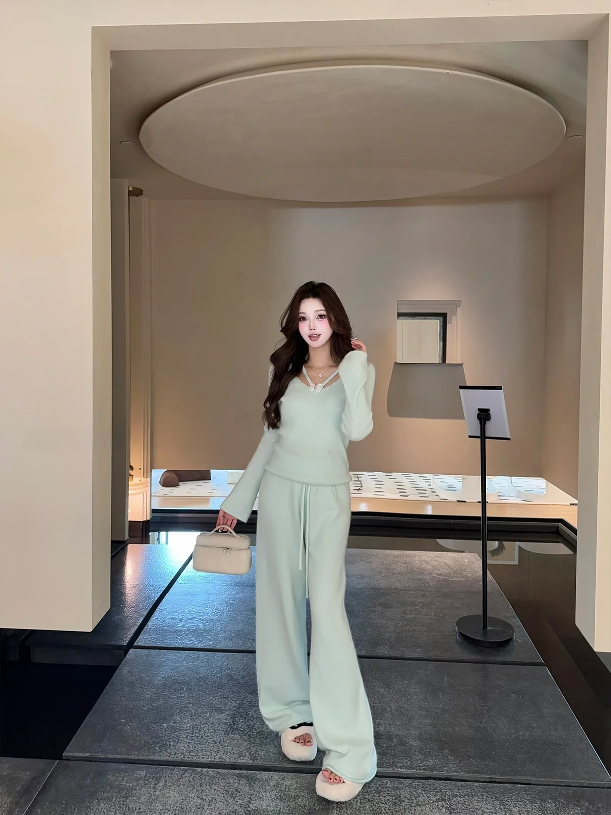 

Зимние легкие теплые брюки JONI из альпаки с эластичным поясом на шнурке, прямые, женский модный комплект, повседневные, удобные