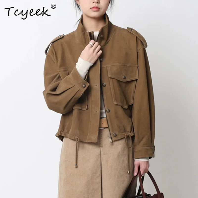 Tcyeek Genuine Leather Jacket Women Clothing Sheepskin Stand Collar Coat Loose Fit Cozy Spring Autumn Women's Coats Veste Femme