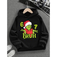 Spring And Autumn Single Casual Fashion Christmas #67 Boys Black Hoodie, Six Seven, Green Alien Cartoon Print Pattern