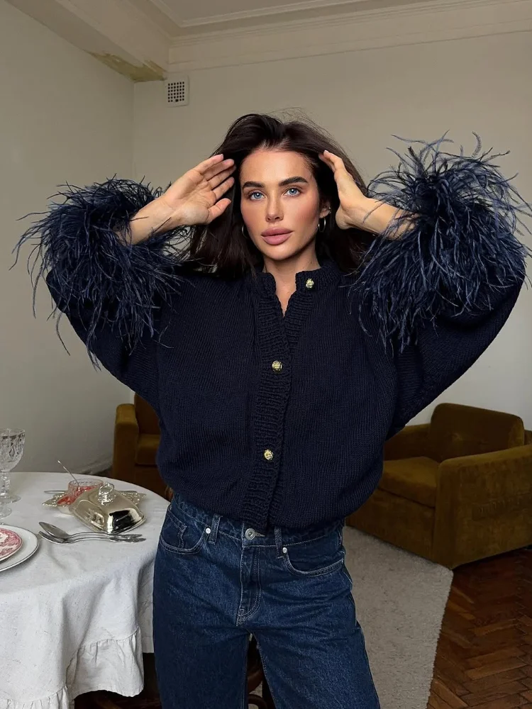 Women Chic Feather Patchwork Knitted Cardigan O-neck Long Sleeve Single-breasted Short Sweater 2025 Lady High Street Knitwear ﻿