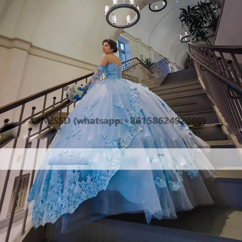 فساتين Quinceanera زرقاء سماوية للفتيات ، زهور زهرية ، ملابس حفلات موسيقية لأعياد الميلاد المكسيكية ، 15 سنة ،