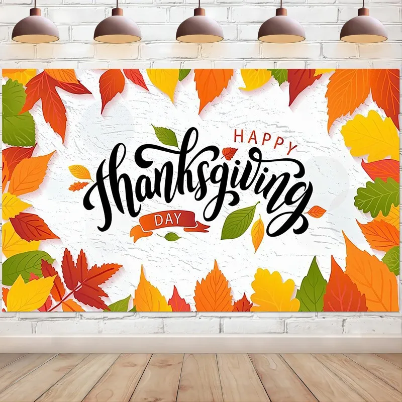 

Happy Thanksgiving Day Banner Backdrop Maple Leaves Turkey Pumpkin Fall Background Farmhouse Autumn Festival Party Decoration