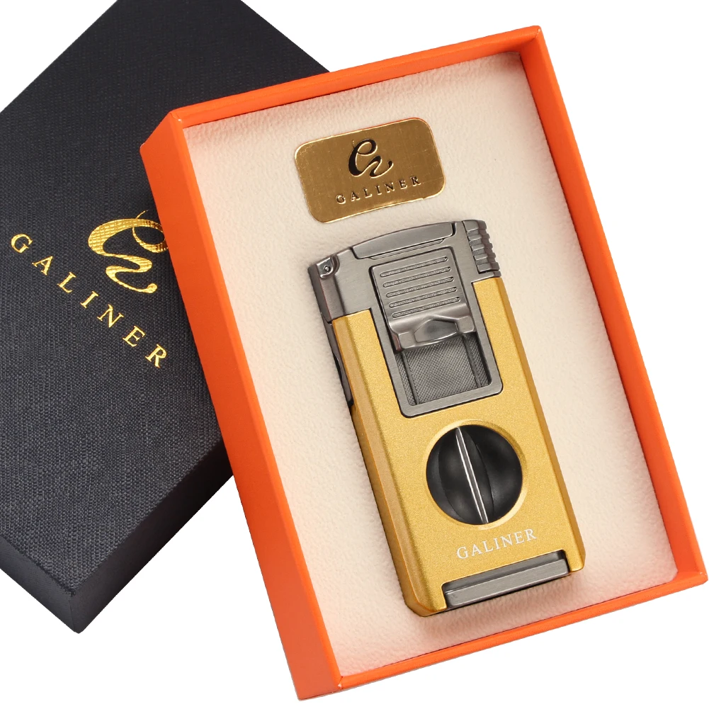 GALINER-encendedor de cigarros con cortador en V, encendedores portátiles de soplete de Gas butano, agujas de dragado de Metal, soporte para cigarros