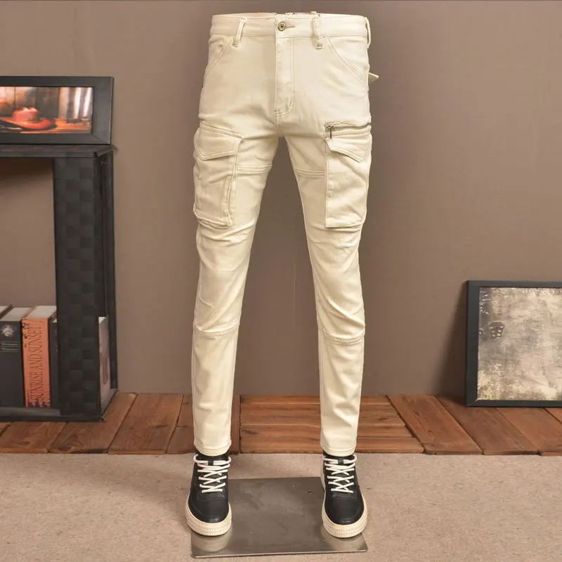 High Street Fashion Men Jeans Beige White Stretch Skinny Fit Spliced Biker Jeans Homme Pocket Designer Hip Hop Denim Pants Men