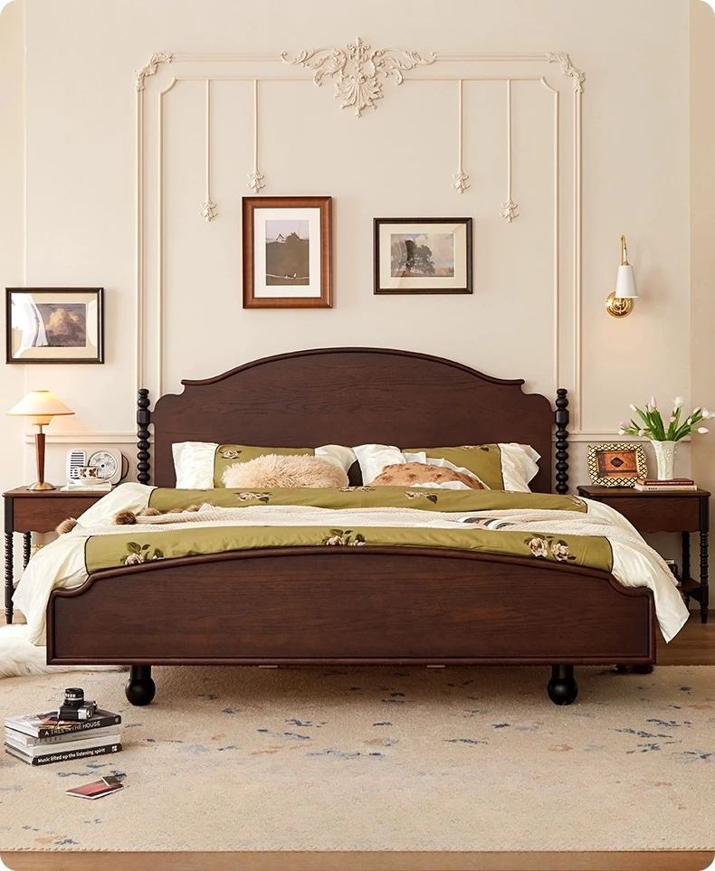 French retro solid wood bed double  medieval home bedroom single bed
