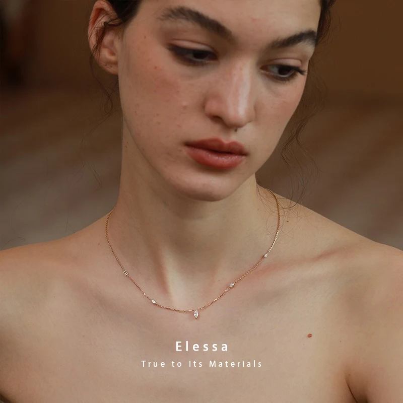

Ожерелье с подвеской Elessa Marquise из циркона — позолоченное чистое серебро, крошечная элегантная цепочка на ключицы для женщин, повседневная или праздничная одежда