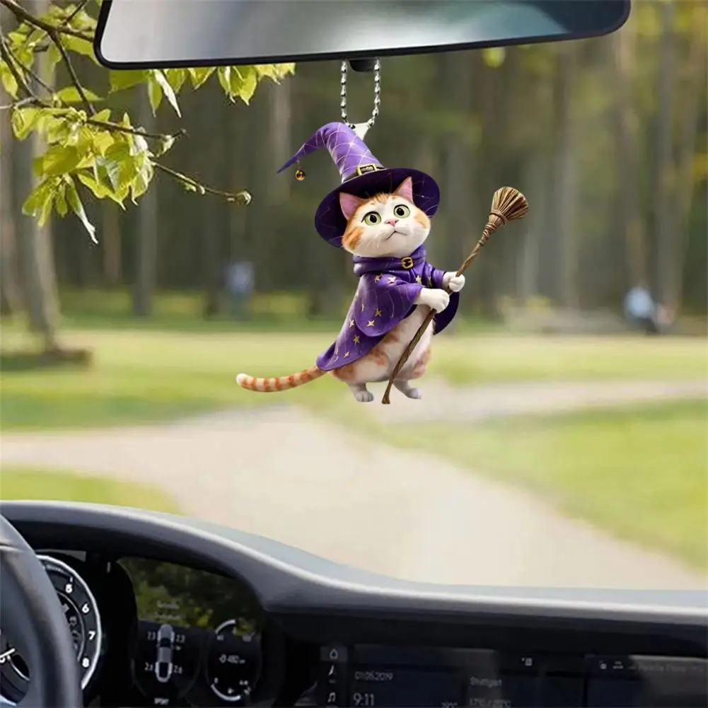 Wizard Hat Cat Hanging Decoration Home Indoor Christmas Tree Car Rearview Mirror 2D Flat Acrylic Broom Kitten Hanging Ornament A