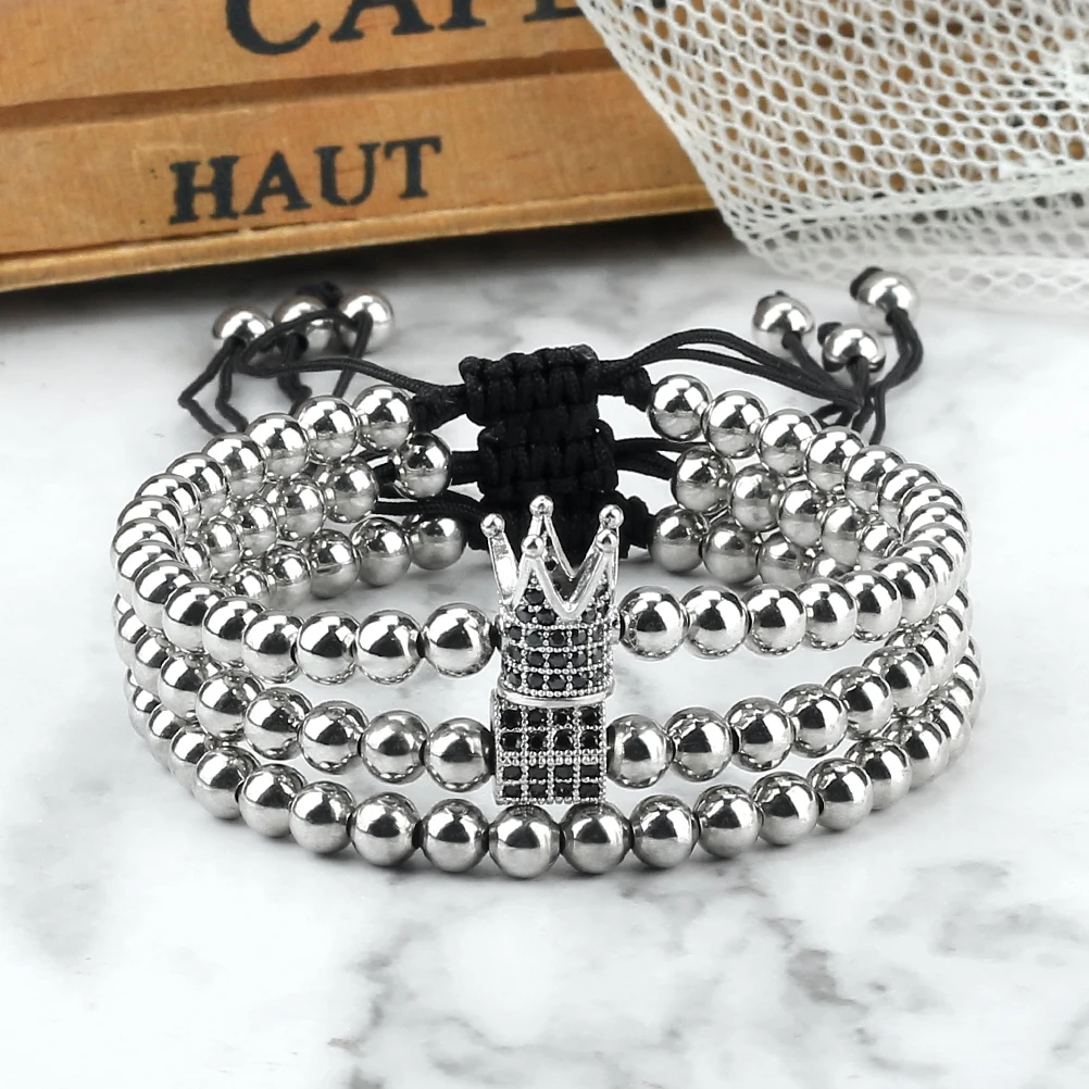 3Pcs/Set Copper Bead Bracelet Women Men Crown Pendant Couple Bangles Chain Friendship Pulsera Jewelry Gift