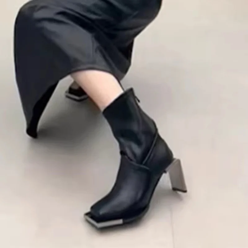 

Square Toe Metal High Heels Skinny Boots for Women Black Leather Back Zipper Metal Root Niche Fashion Elastic Short Boots