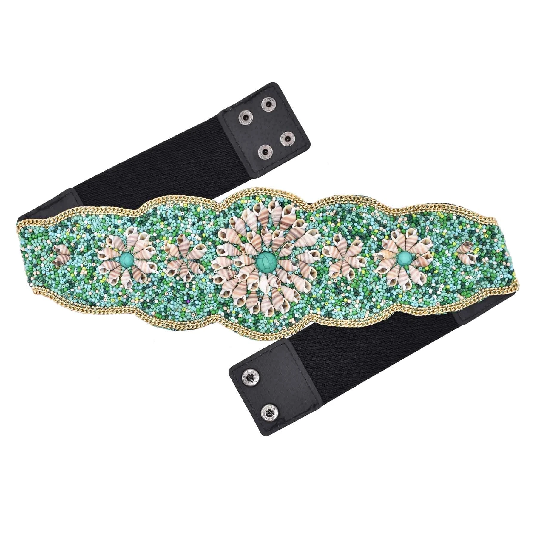 

Fashion Conch Shell Flower Elastic Belts Waistband Green Brown Beads Ethnic Ladies' Clothing Girdle Bohemian Tribal Body Jewelry