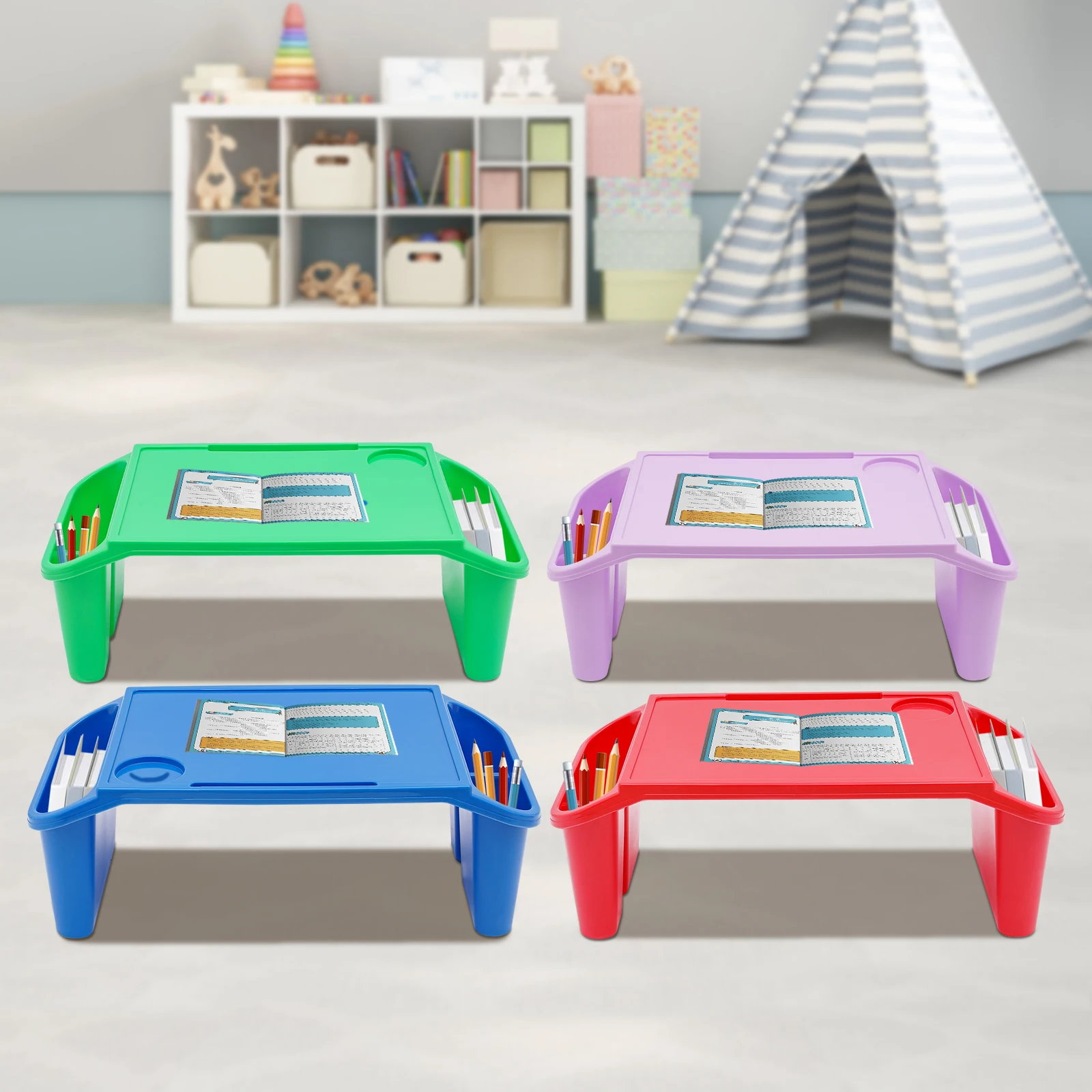 

4Pcs Kids Lap Desk Tray Set, Colorful Portable Bed Table W/ Storage Pockets - Ages 1-9, 5kg Capacity - Perfect for Study, Snacks