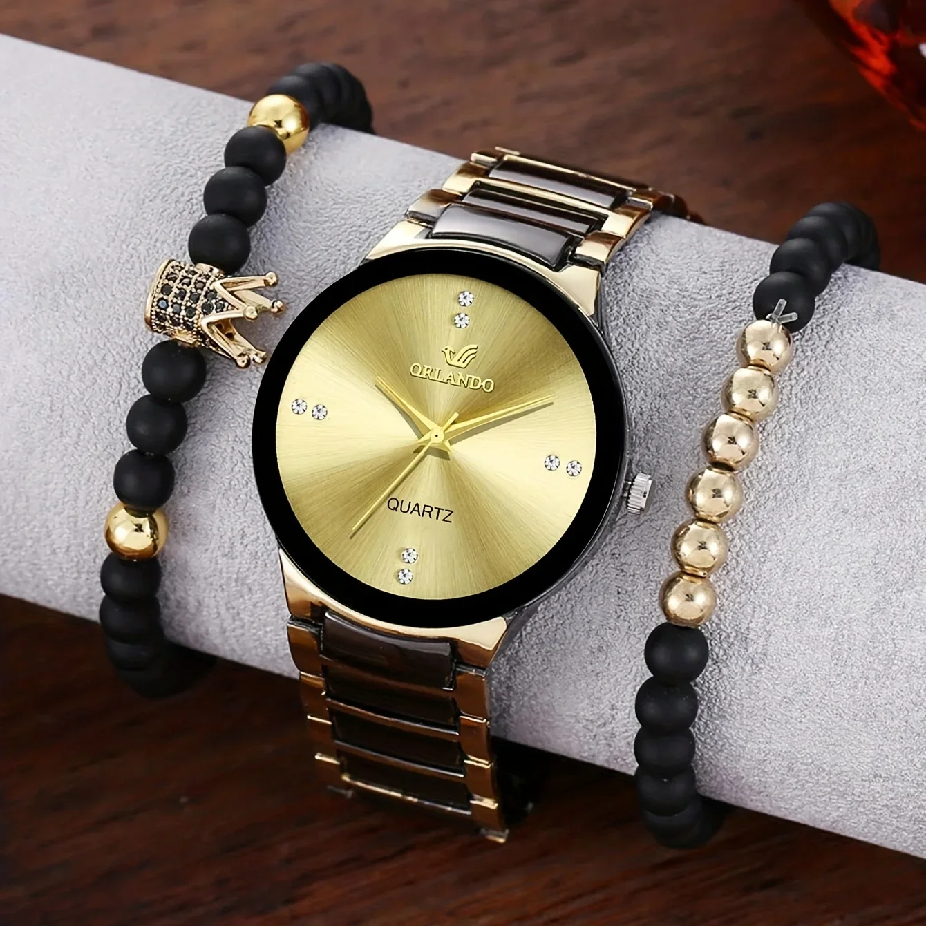 1pc Simple Rhinestone Decor Quartz Watch & 2pcs Bracelet For Holiday Party Gift, Men's Accessories