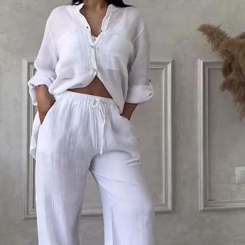 2024 Women's Two-piece Top Pants Casual Cotton and Linen Solid Color Shirt Drawstring Wide-leg Pants Comfortable Family Outfit