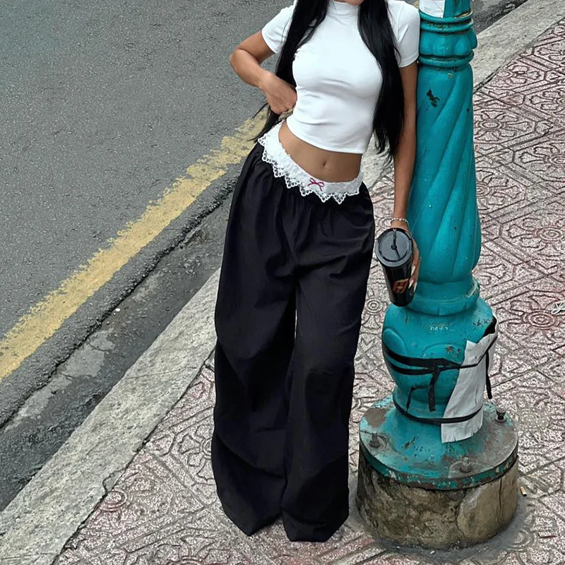 

Casual Loose Lace Cargo Pants with kets And Knot Street Sle Loose Fit Long Trousers for Women