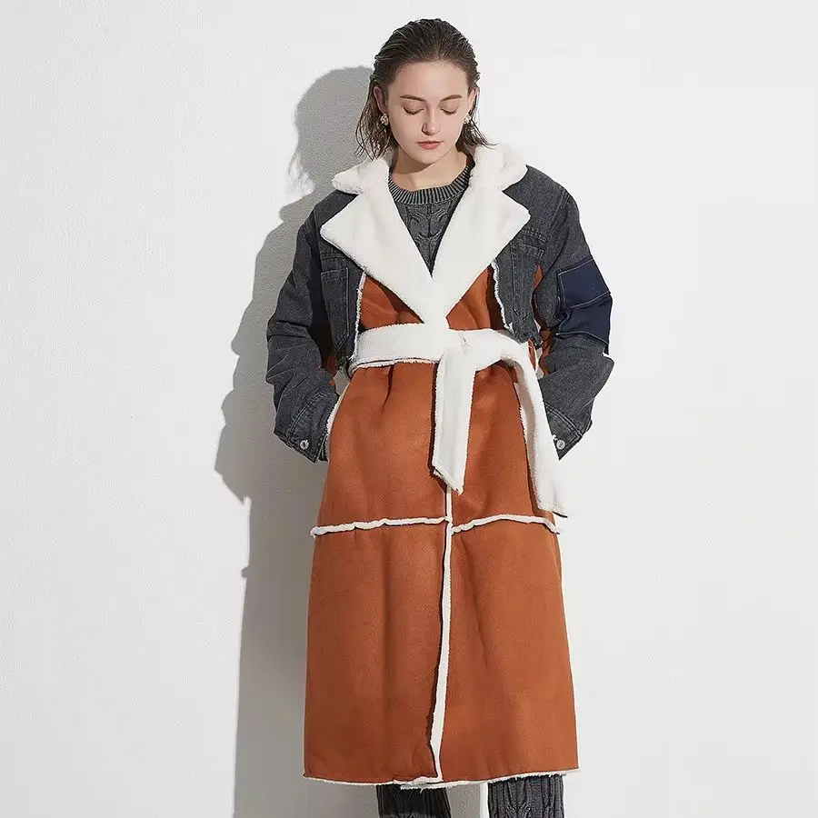 

Модное женское осеннее длинное джинсовое лоскутное шерстяное пальто с воротником-стойкой для похудения, стильный дизайн