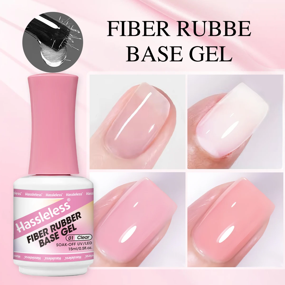 Hassleless Single Bottle 15ml, 0.5 oz Fiber Rubber Base Gel, Available in Four Colors: White, Pink, Clear, Nude, Removable Nail