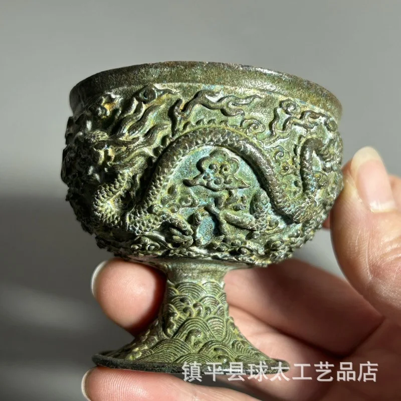 Antiqued Double Dragon Copper Wine Cup Ornament, Vintage Collectible Home Decor Craft, Goblet