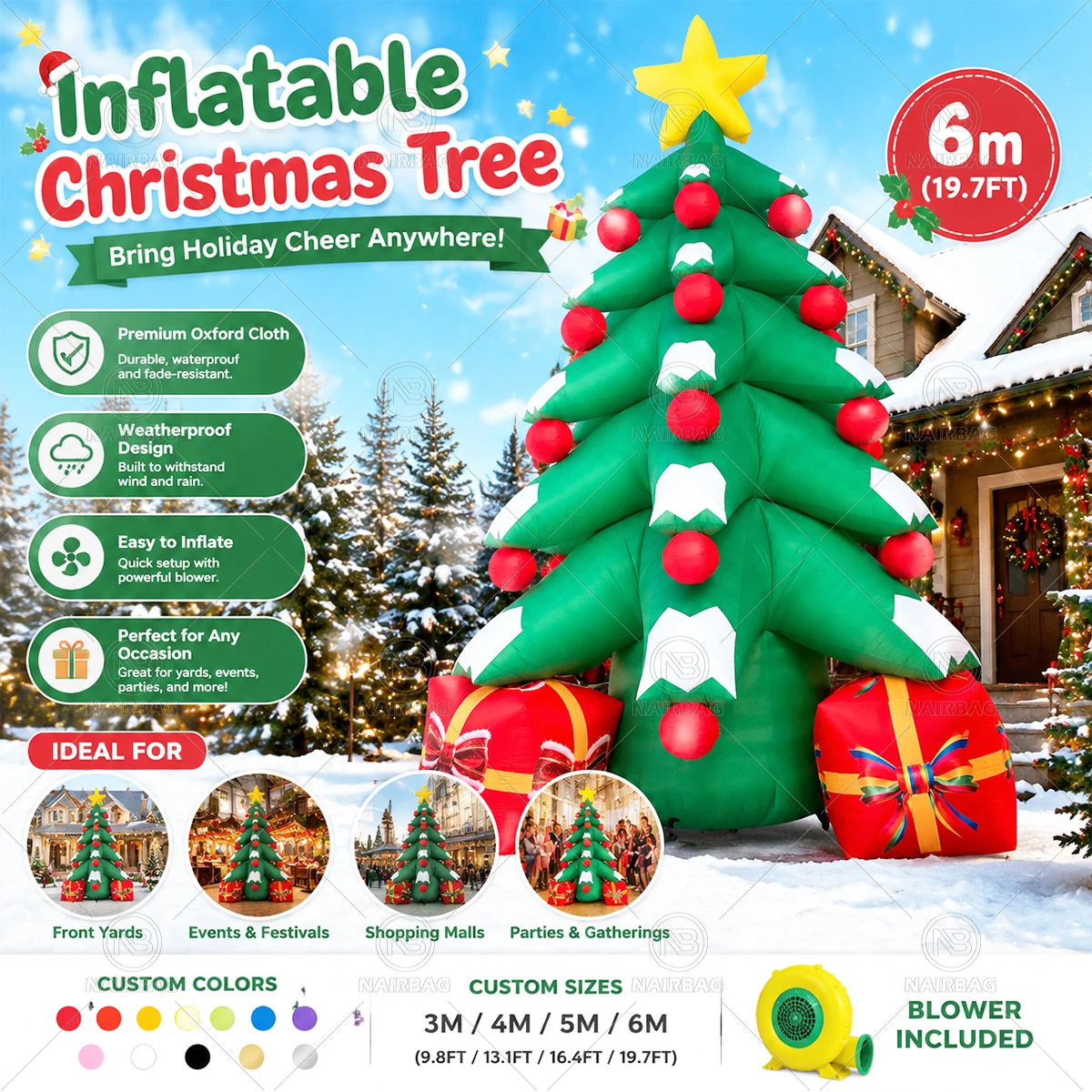 Large Inflatable Christmas Tree, 3m-8m Outdoor Yard Mall Xmas Holiday Decoration, Giant Inflatable Christmas Decor