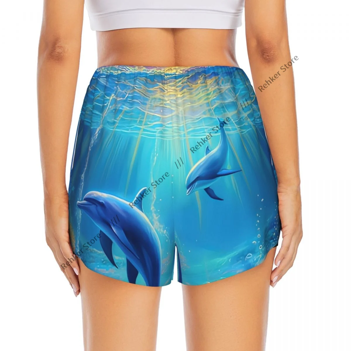 ヨガショーツ 女性用 フィットネスショーツ バイカーワークアウト スポーツ イルカ 海の世界で泳ぐ 速乾性 スポーツウェア ポケット付き