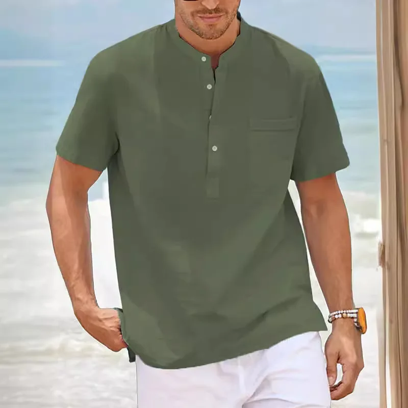 Summer Men's Cotton-linen Short-sleeve Pullover Shirt Solid Stand-up Collar Loose-fitting Shirts For Men