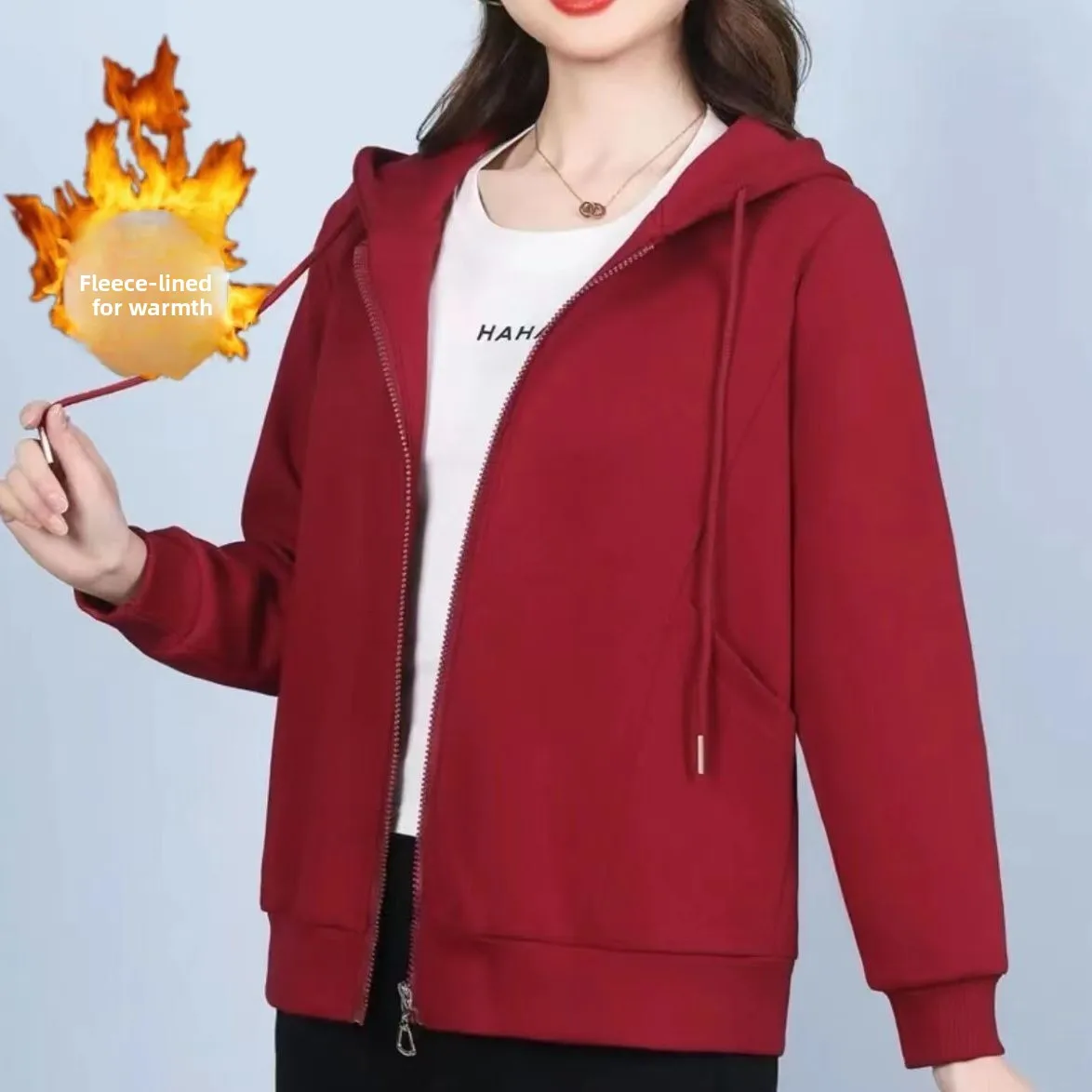 

Korean Style Loose Fit Thickened Long Sleeve Hooded Fleece Women's Cardigan Autumn Winter Warm Casual Sweatshirt Jacket