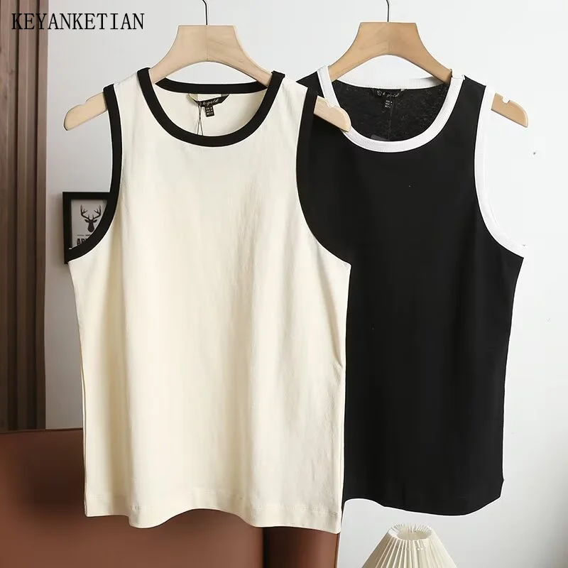 KEYANKETIAN 2024 New Launch Women's Contrast Color Tank top Street style O-Neck Sleeveless Slim Cotton Camisole Crop Vest Tops