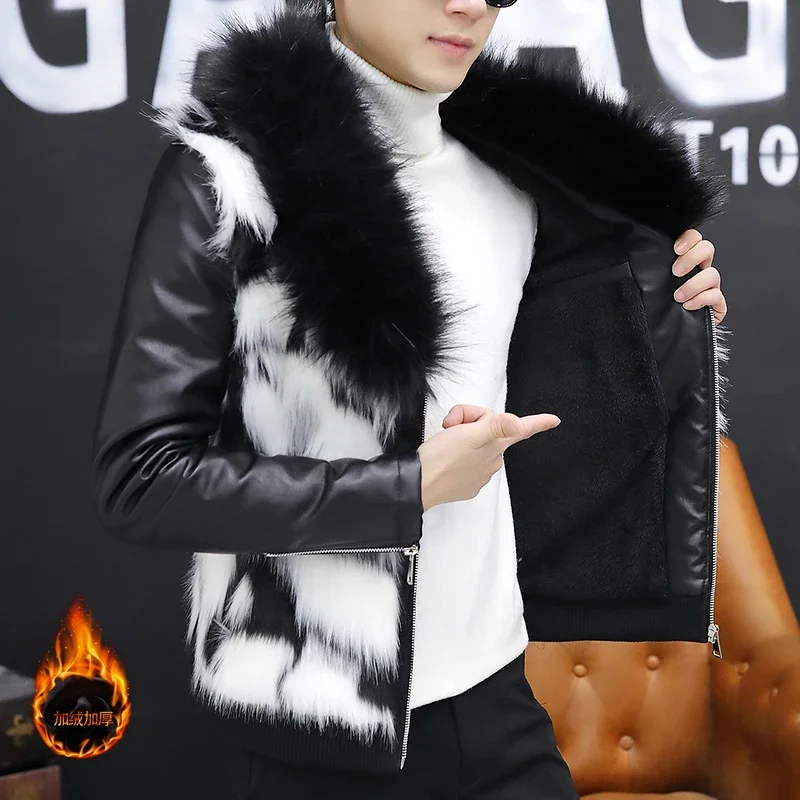 HOO 2024 Men\'s Cool Fur Collar Leather Coat Youth Fleece Thickened Faux Fur PU Leather