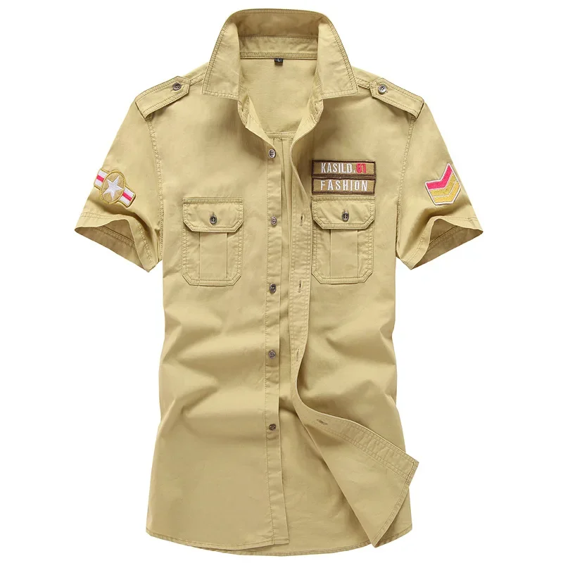 2023 Nieuwe Heren Militair Shirt Heren Korte Mouw Cargo-Shirts 100% Katoen Casual Effen Shirt Heren Pocket Work Shirt