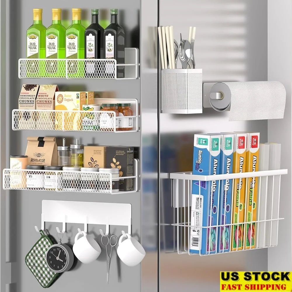 

Magnetic Spice Rack Organizer 7 Piece Set with Paper Towel Holder Utensil Caddy Hook Rack Kitchen Storage Solutions