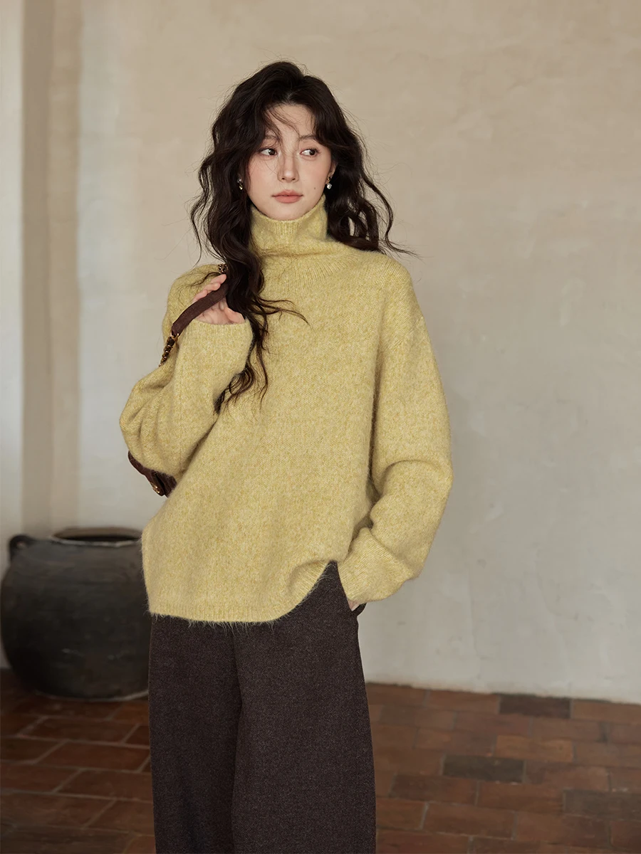 

Ximen 2025 New Winter Korean Sle Knitted Sweater Loose Lazy Yellow High Collar Women's Long Sve Thiened Regular Fit