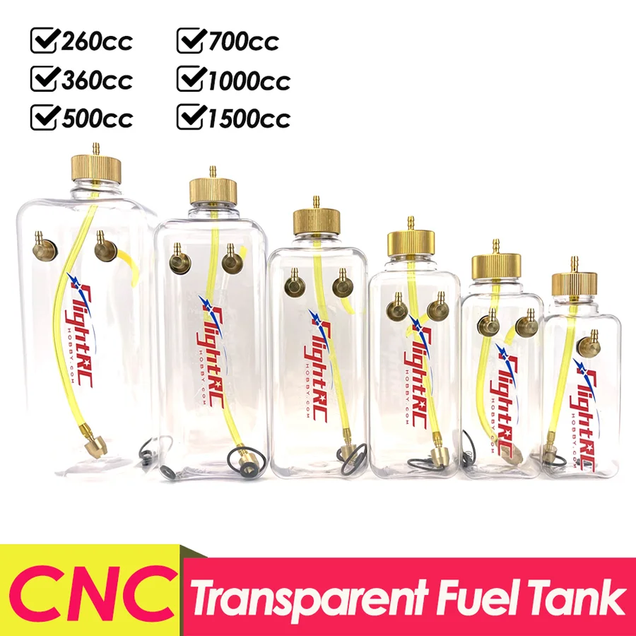 Tanque de combustible RC, botella de plástico transparente de 260/360/500/700/1000/1500 ML/CC, aleación de aluminio CNC para Gas y Nitro, modelo de