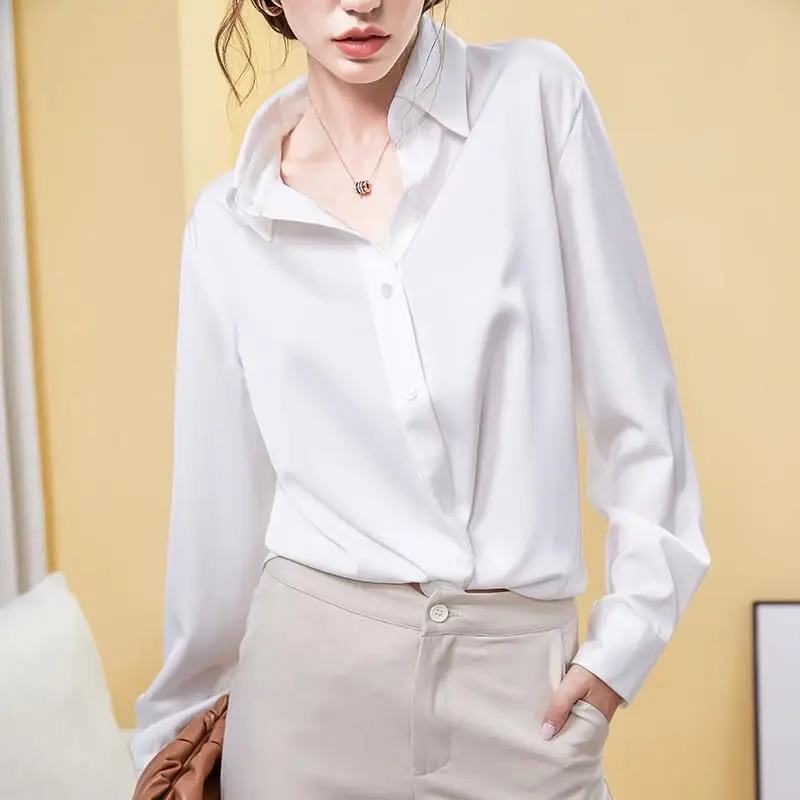 Women Clothing Elegant Loose Solid Blouse Polo Neck Long Sleeve All-match Loose Office Shirt Tops Spring Autumn Vintage Trend