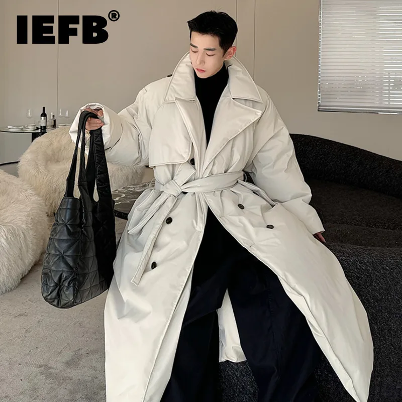 IEFB Winter Fashion Oversize Men's Long Padded Jacket Thickened Double Breasted Cotton Coat Solid Color Korean Style Belt 9C3853