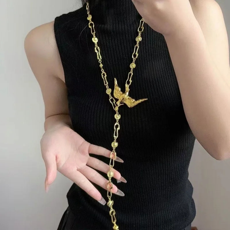 

French Vintage Style Adjustable Y-Necklace for Women Gold Bird Design Luxury Long Sweater Chain Jewelry Accessory for Parties