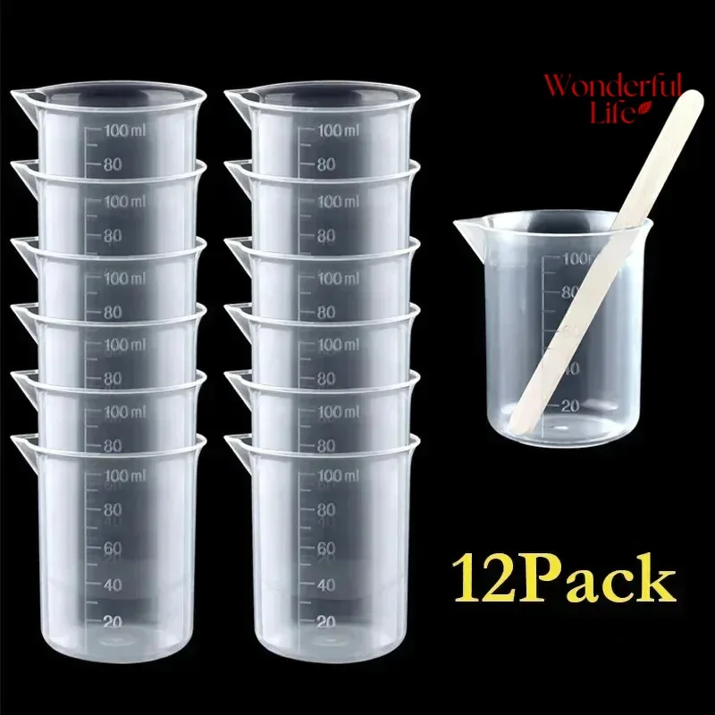12Pcs 100ml 실험실 컵 측정 컵 수지 혼합 컵 플라스틱 액체 용기 에폭시 수지 스케일 비커 화학
