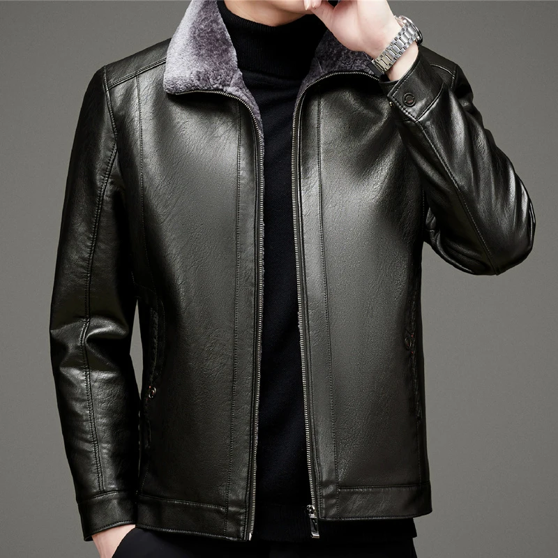 ZDT-8044 Winter Men\'s Genuine Leather Coat New Plush And Thickened Casual Fur One Piece Lapel Motorcycle Leather Jacket Coat