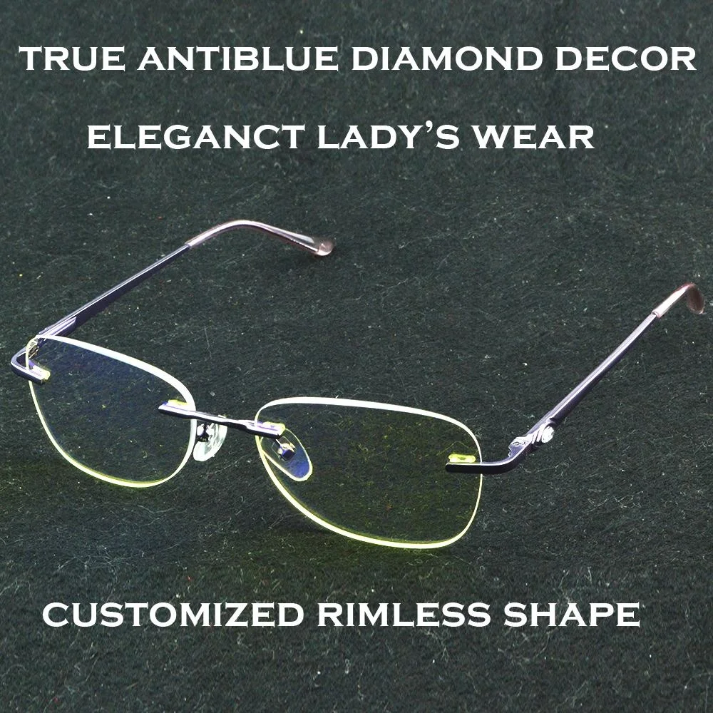 Rimless Reading Glasses Men Women Diamond Decor Anti Blue Light Yellow Lens Elegant Ladies Eyewear Reading Glasses