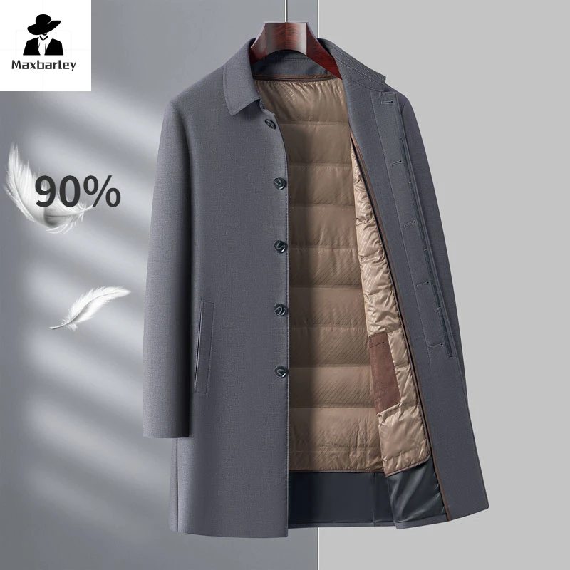 

Winter Luxury Down Jacket Men's Long Business Casual Detachable Lining White Duck Down Warm Coat Male Brand Lapel Trench Coat