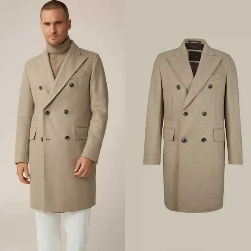 

Customized Men's Wool Blend Men Long Overcoat Double Breasted Peaked Lapel Warm Thick Groom Wedding Tuxedos One Piece