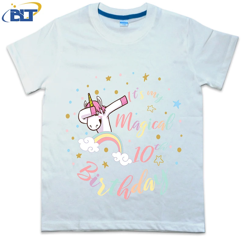 Girl 10thBirthday Magical Unicorn printed kids T-shirt, summer cotton short-sleeved casual top, suitable for both boys and girls