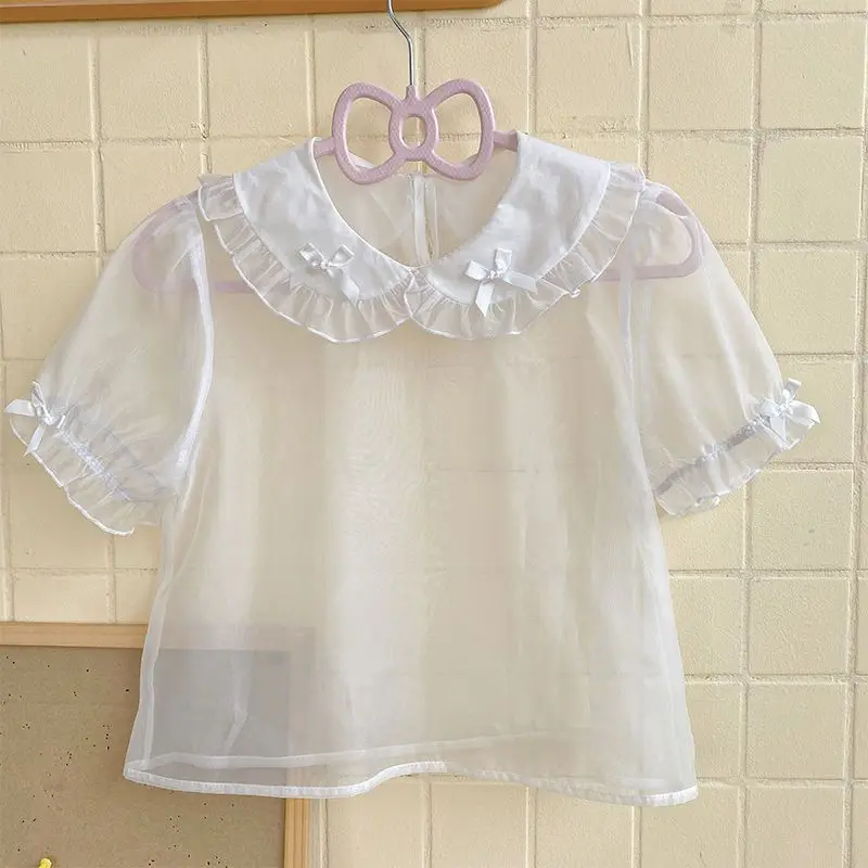 Blouses Women Short Sleeve Peter Pan Collar See-through Bow Ruffles Japanese Style Sweet Girlish Lolita Y2k All-match Kawaii