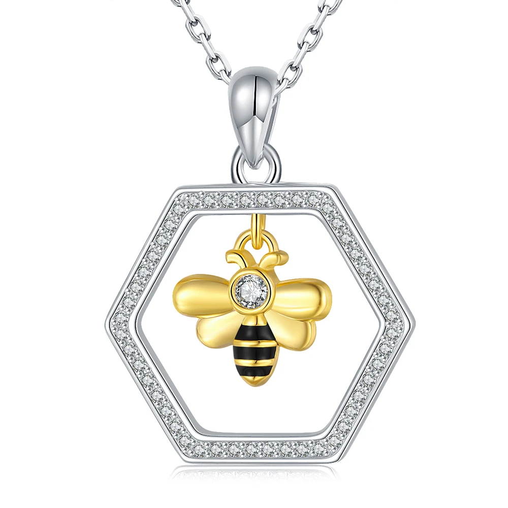 925-Sterling-Silver Honeycomb Bee Necklace Cubic Zirconia Pendant Jewelry Mothers Day Birthday Gifts for Girls Teens Bee Lovers