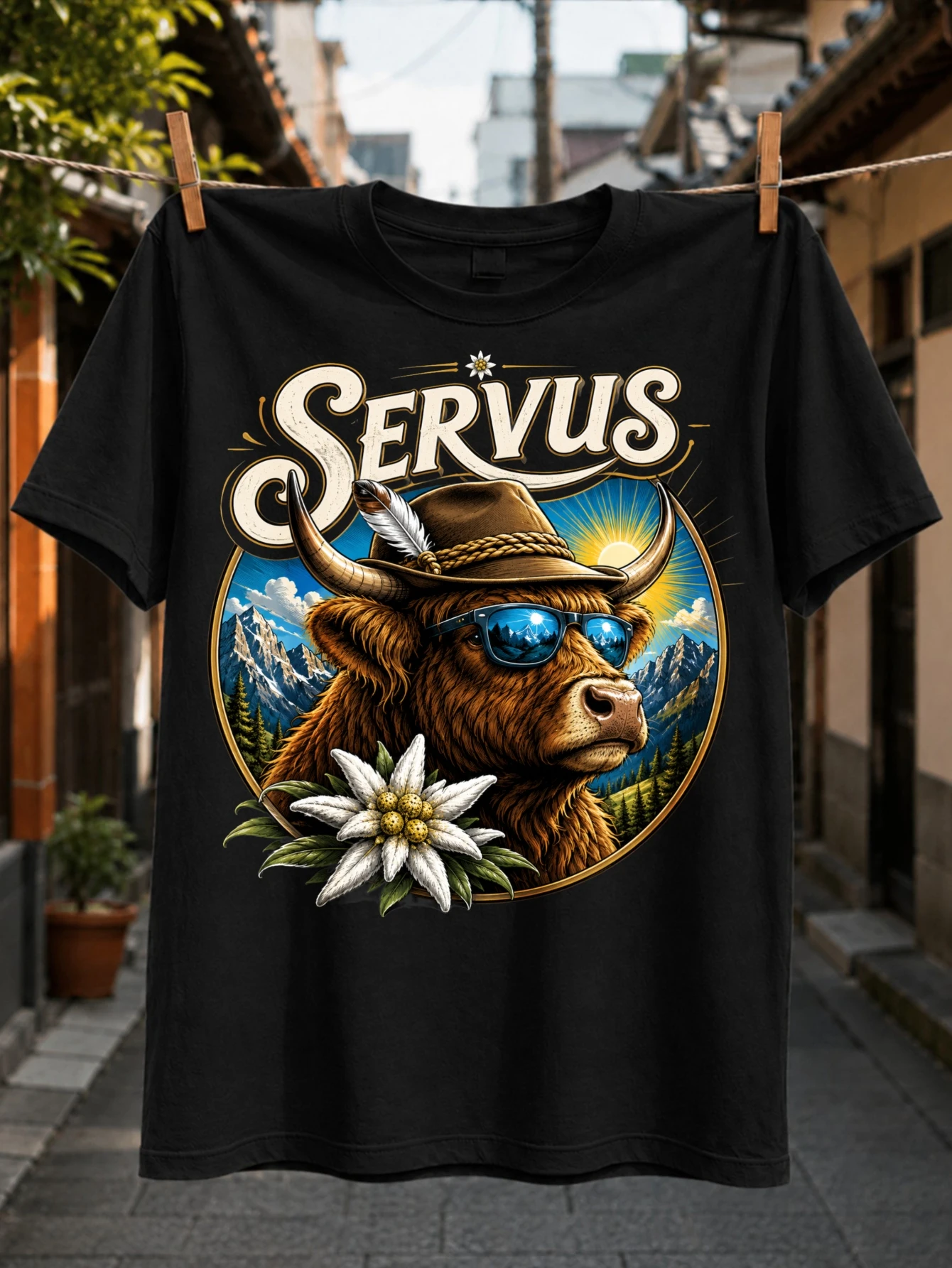 German Servus Highland Cow with Blue Mountain Sunrise and Edelweiss Vivid Alpine Graphic Unisex All  Unisex All T-Shirt