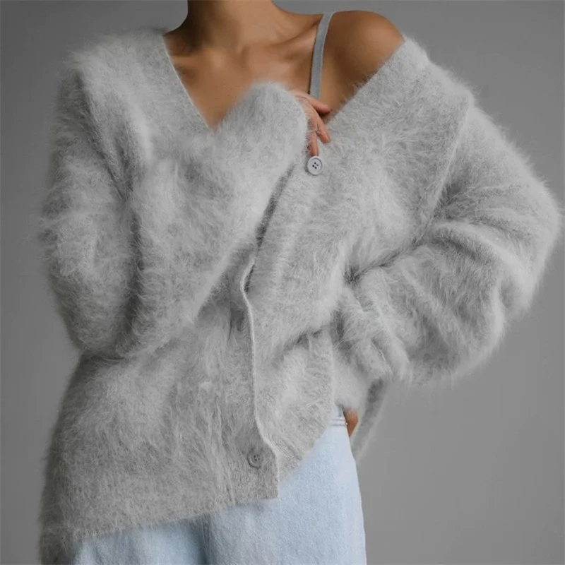 

New Autumn V-neck Women Cardigan Sweater Jacket Imitation Mink Fur Versatile Casual Female Sweater Loose Ladies Knitted Top