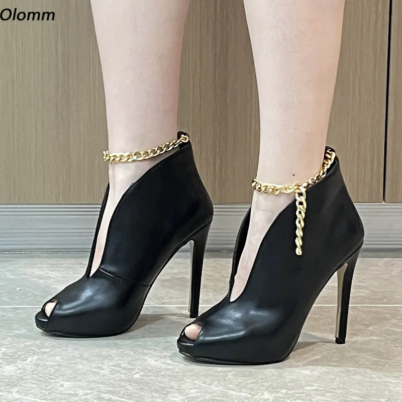 

Olomm New Women Pumps Faux Leather Ankle Strap Chian Stiletto Heels Peep Toe Pretty Black Ladies US Plus Size 5-20