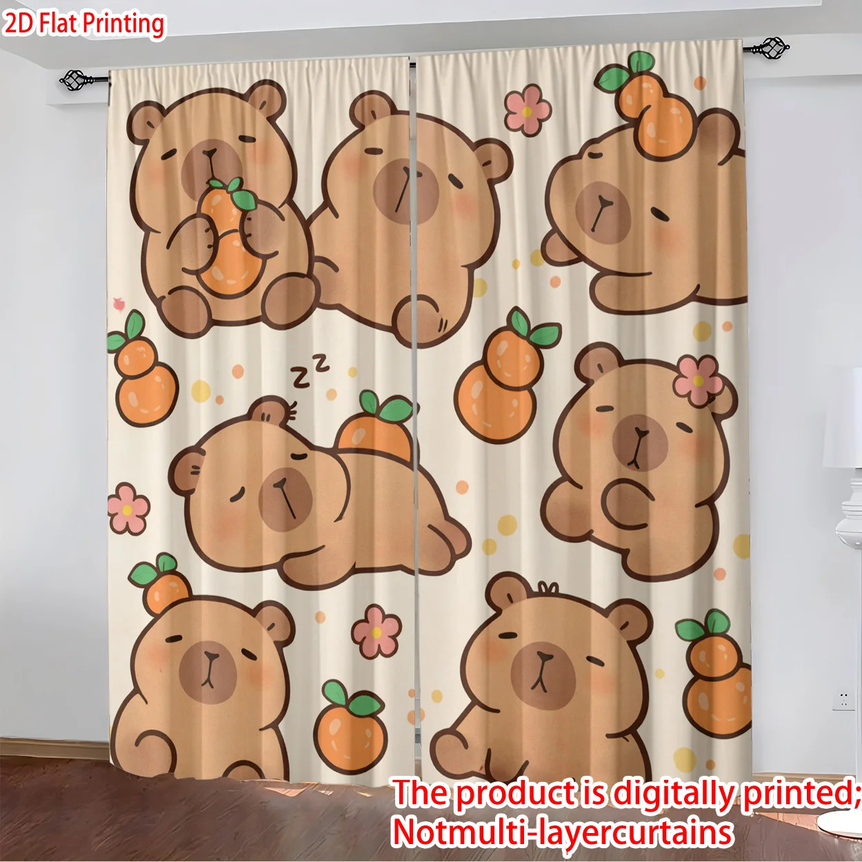 Sleepy Orange Capybara Curtain 2 Panels,Cute Cartoon Capybara Fruit Flower Dot Cream Background Print,Drapes for Bedroom Curtain