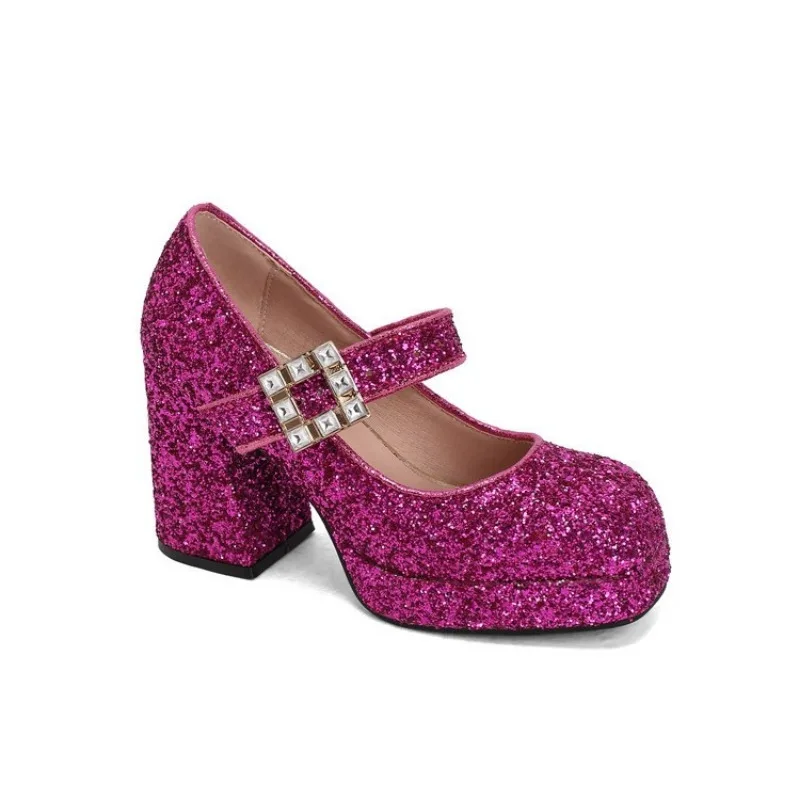 2026 New Elegant Rhinestone Women Pumps Sequined Cloth Round Toe Platform Buckle Strap Women Wedding Dress Shoe Large Size 40-45