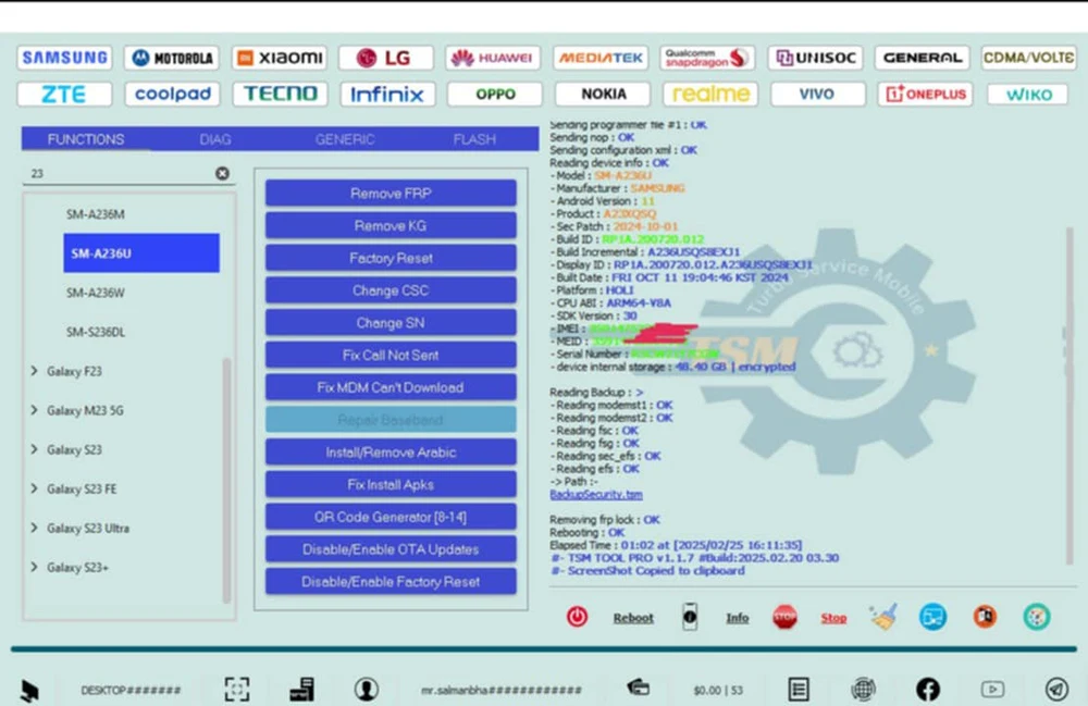 فلاش إصلاح تفعيل ترخيص TSM، فتح، المرافق، إزالة FRP & KG/MDM يدعم Qualcomm، Mediatek، Unnisoc، Kirin، Hisilicon
