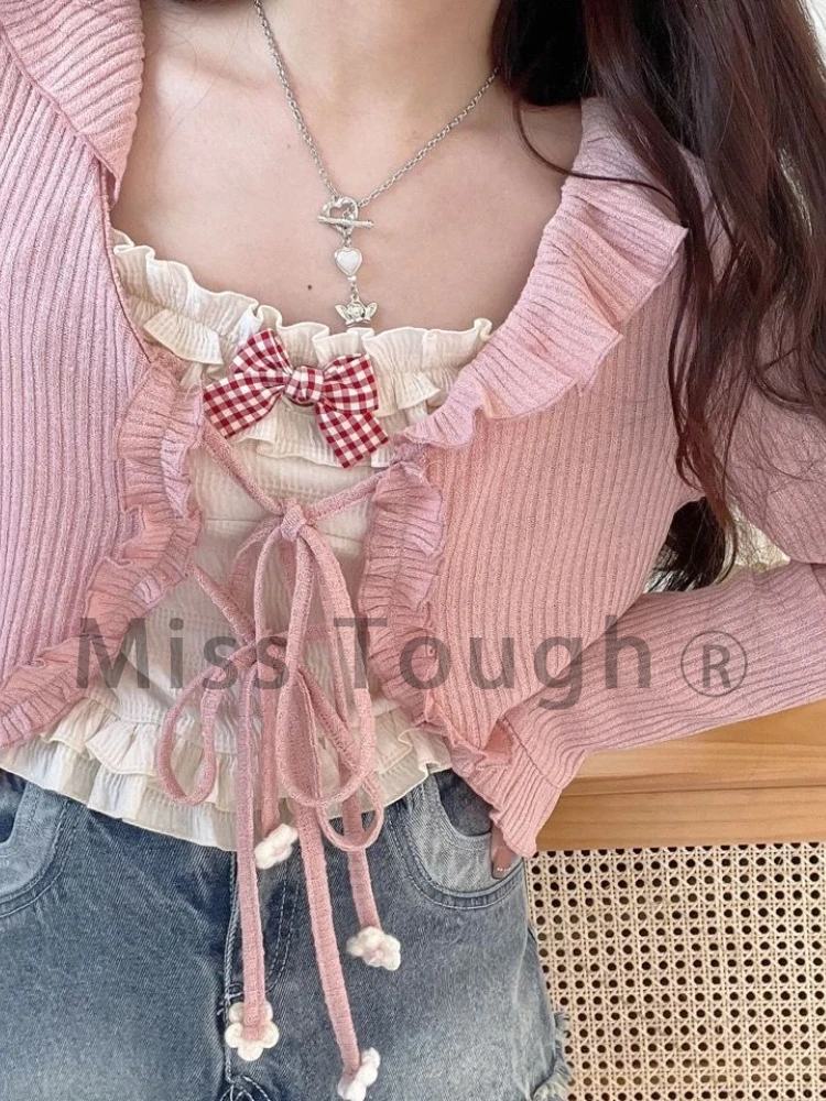 Summer Japanese Kawaii Sweet Cardigan Women Designer Korean Loose Cute Cardigan Female Beach Ruffle Strappy Casual Coat 2022 New