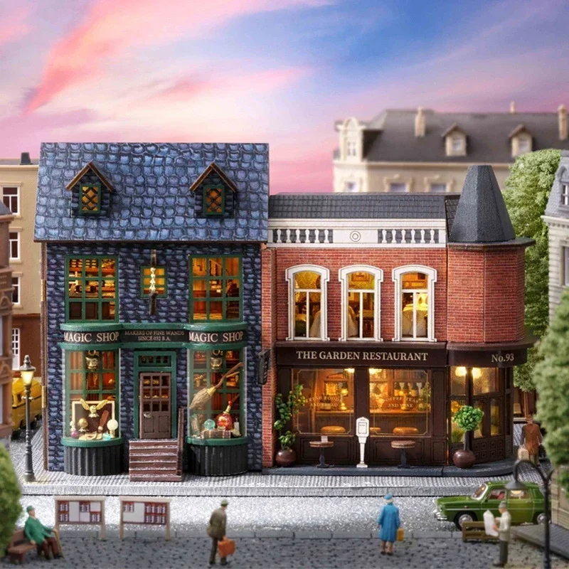 Retro DIY Wooden Magic Shop Corner Restaurant Dollhouses Miniature Kits With Furniture Home Desk Decoration Adult Handmade Gifts